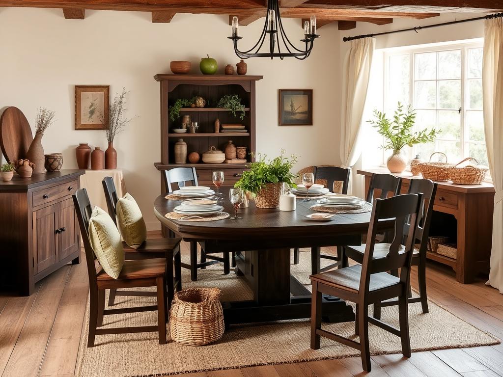Landelijk interieur met donkerbruine tafel en olijfgroene en crème accenten Landelijk interieur met donkerbruine tafel en olijfgroene en crème accenten