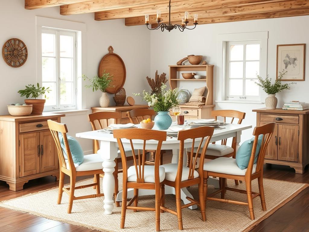 Landelijke witte eettafel met houten stoelen en pastelkleurige kussens Landelijke witte eettafel met houten stoelen en pastelkleurige kussens