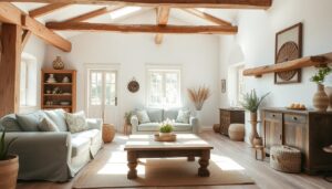 Landelijke woonkamer met natuurlijke materialen en neutrale kleuren