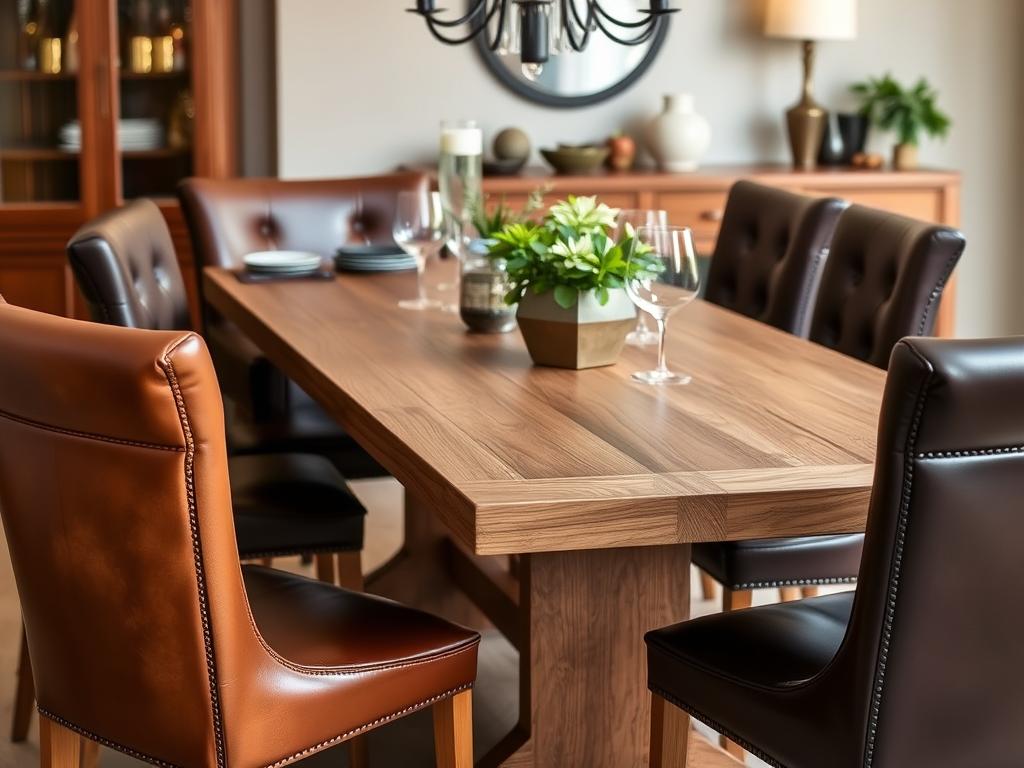 Lederen eetkamerstoelen bij eikenhouten tafel Lederen eetkamerstoelen bij eikenhouten tafel