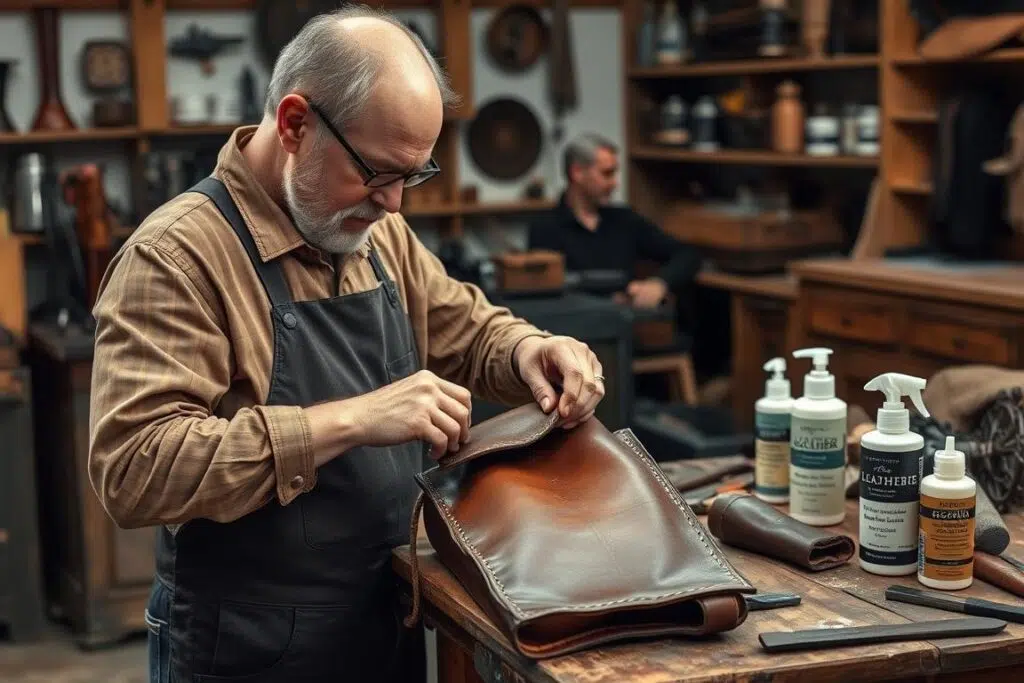 Lederexpert die professioneel lederonderhoud demonstreert op een antiek leren item Lederexpert die professioneel lederonderhoud demonstreert op een antiek leren item