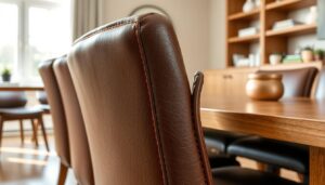 Leren eetkamerstoelen in een moderne eetkamer die de duurzaamheid van leer geschikt voor eetkamerstoelen toont