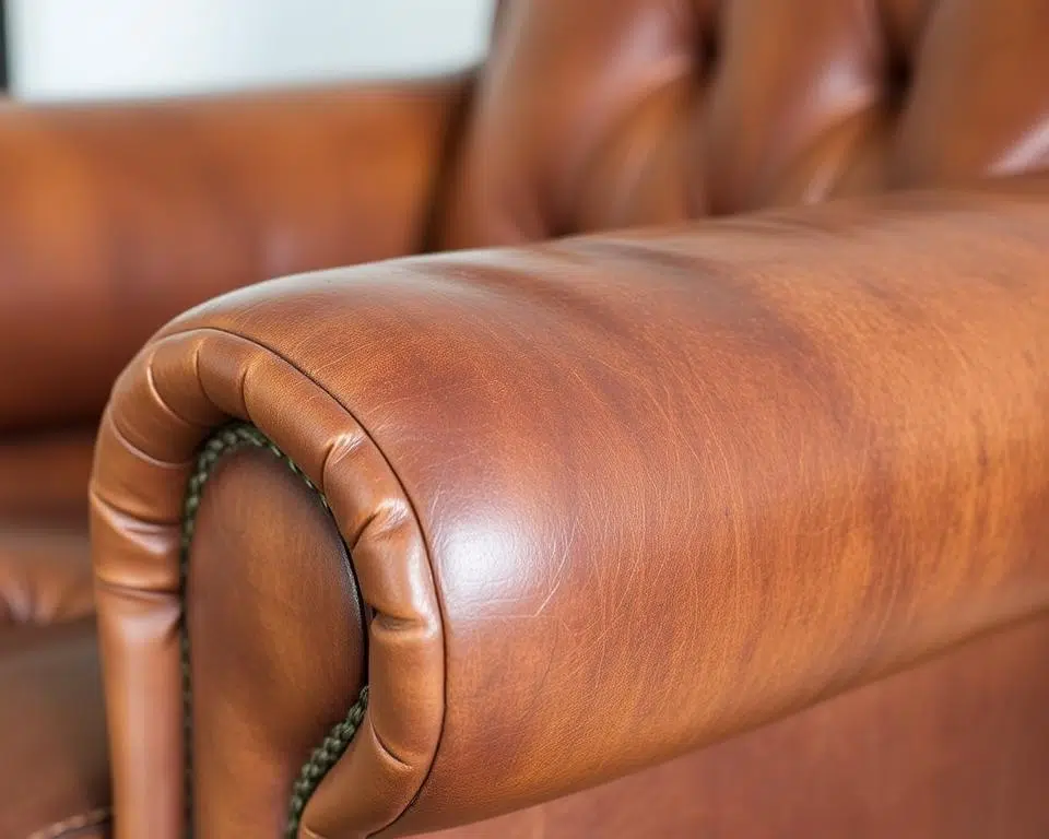 Leren stoel met zichtbare slijtage en verkleuring, illustreert nadelen van leren stoelen na langdurig gebruik Leren stoel met zichtbare slijtage en verkleuring, illustreert nadelen van leren stoelen na langdurig gebruik