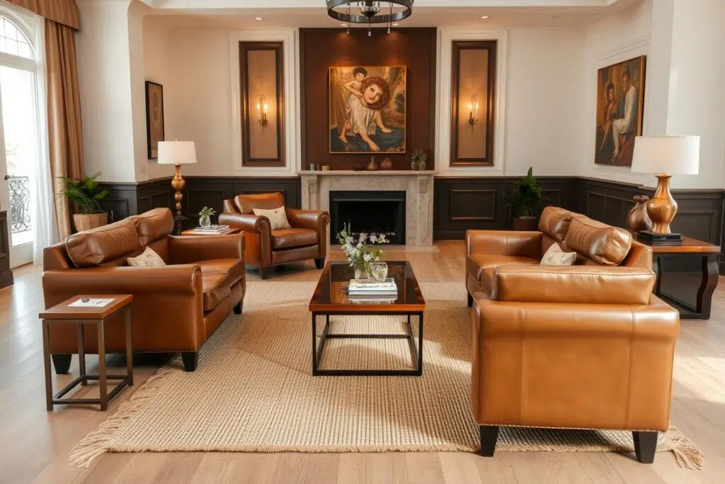 Leren stoelen in een harmonieus interieur met accessoires Leren stoelen in een harmonieus interieur met accessoires