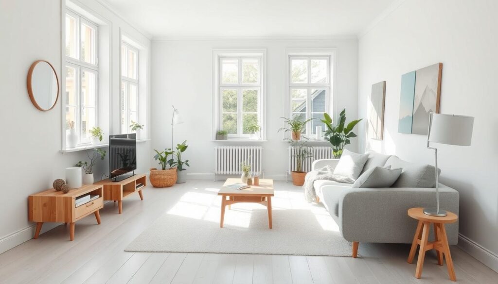 Licht Scandinavisch interieur met een grijze bank, houten meubels en grote ramen.