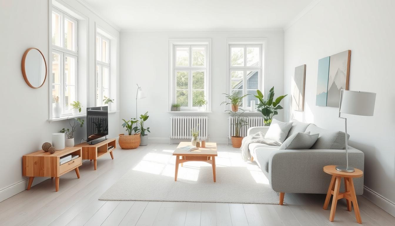 Licht Scandinavisch interieur met een grijze bank, houten meubels en grote ramen.