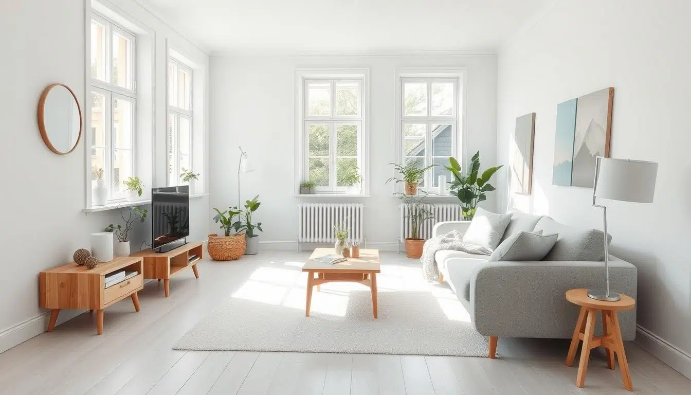 Licht Scandinavisch interieur met houten meubels en witte muren