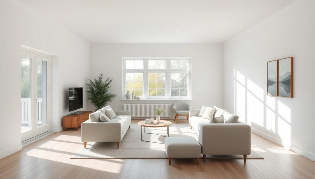 Licht Scandinavisch interieur met een bank, fauteuil en een ronde tafel in een woonkamer met grote ramen.