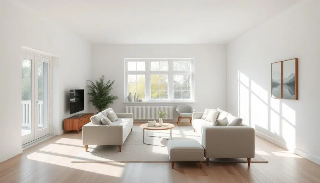 Licht Scandinavisch interieur met een bank, fauteuil en een ronde tafel in een woonkamer met grote ramen.