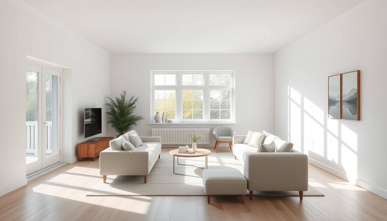 Licht Scandinavisch interieur met een bank, fauteuil en een ronde tafel in een woonkamer met grote ramen.