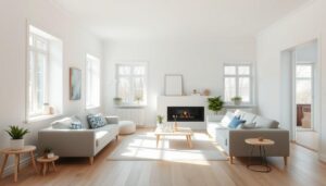 Licht Scandinavisch interieur met twee banken, een haard en planten in de ruimte.