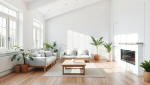 Licht Scandinavisch interieur met een bank, planten en een houten tafel in een woonkamer.