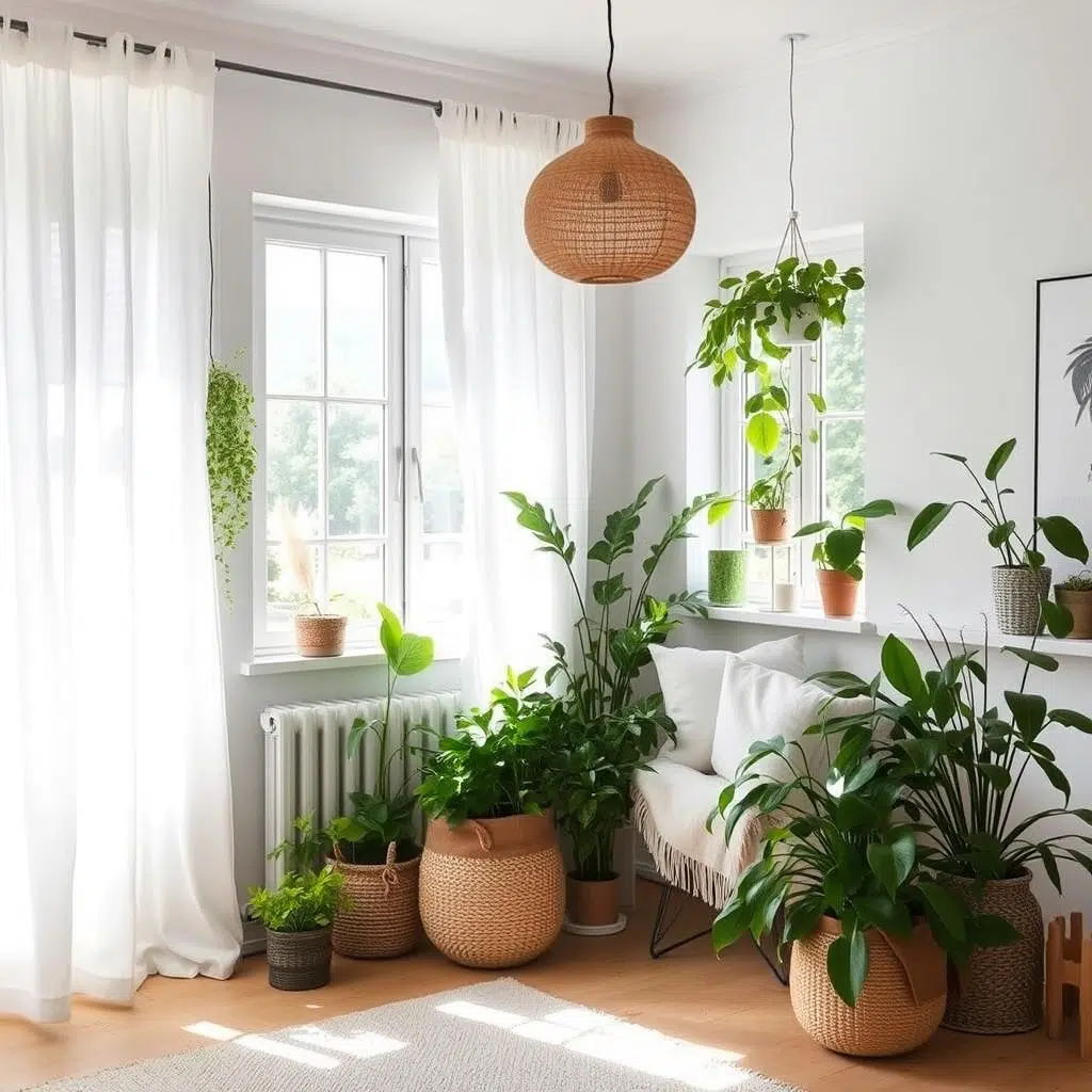 Licht en luchtig Scandinavisch zomerinterieur met planten en lichte textiel Licht en luchtig Scandinavisch zomerinterieur met planten en lichte textiel