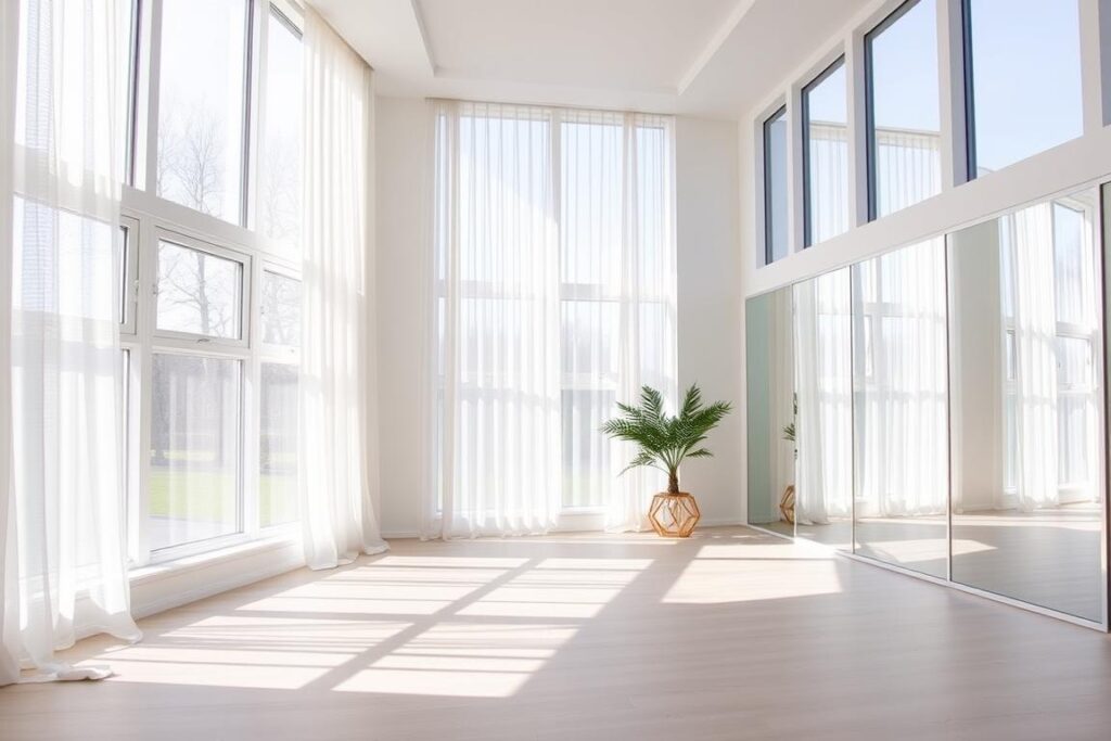 Licht en ruimtelijk Scandinavisch interieur met grote ramen