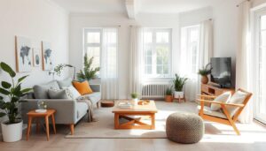 Lichte Scandinavische woonkamer met houten meubels, witte muren en natuurlijke accenten