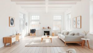 Lichte Scandinavische woonkamer met witte muren, houten meubels en een open haard.