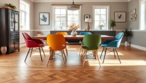 Lichte eetkamer met verschillende kleur eetkamerstoelen rondom een houten tafel