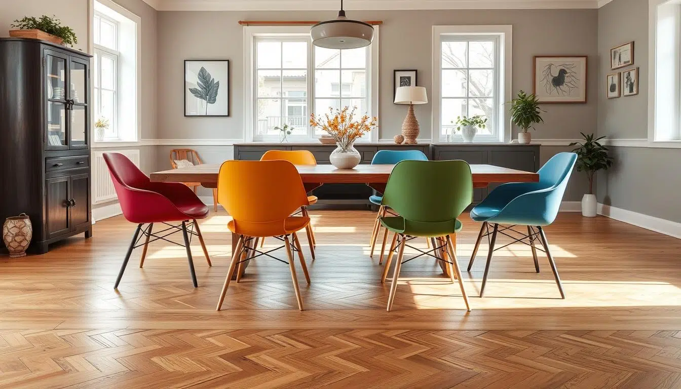 Lichte eetkamer met verschillende kleur eetkamerstoelen rondom een houten tafel