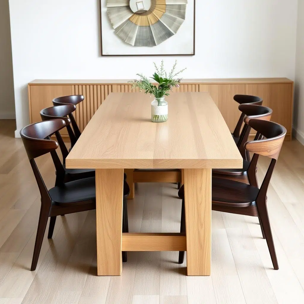 Lichte eiken tafel met donkere walnoot eetkamerstoelen voor contrast Lichte eiken tafel met donkere walnoot eetkamerstoelen voor contrast