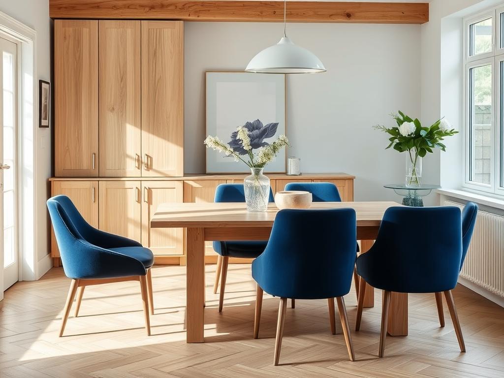 Lichte eikenhouten tafel met diepblauwe fluwelen stoelen Lichte eikenhouten tafel met diepblauwe fluwelen stoelen