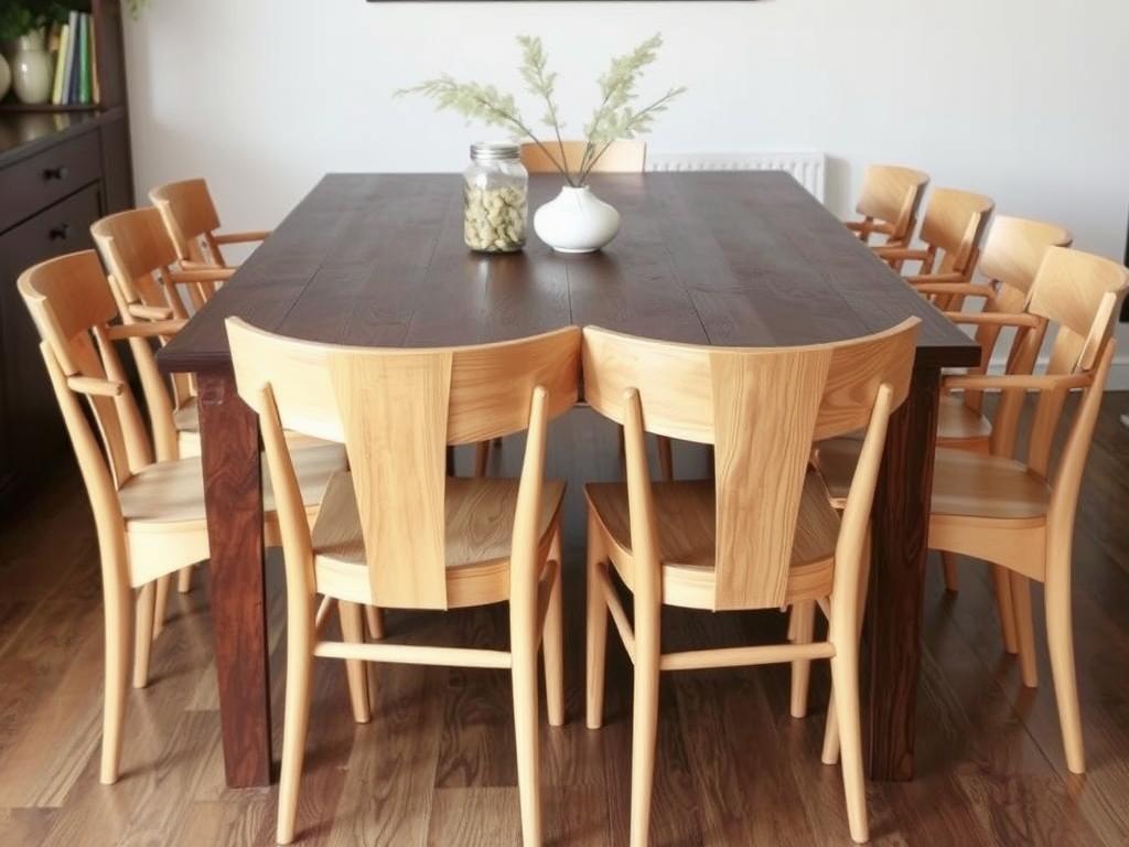 Lichte houten stoelen rondom een donkere eiken tafel in een natuurlijk interieur Lichte houten stoelen rondom een donkere eiken tafel in een natuurlijk interieur