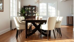 Lichte stoelen bij een donkere tafel creëren een mooi contrast in een moderne eetkamer