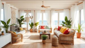 Lichte woonkamer in Bohemische stijl met rotan meubels en natuurlijke accessoires