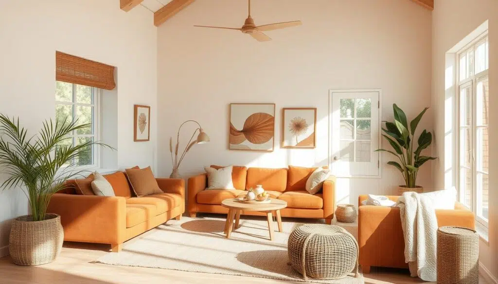 Lichte woonkamer met roestbruine en beige elementen in harmonie Lichte woonkamer met roestbruine en beige elementen in harmonie