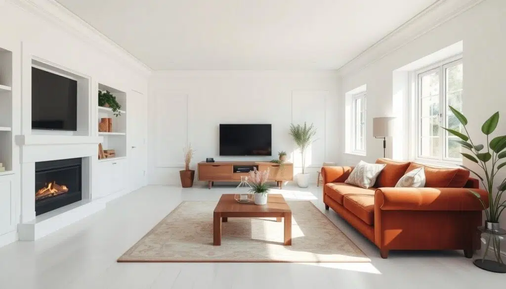 Lichte woonkamer met witte muren en roestbruine meubels die een fris contrast vormen Lichte woonkamer met witte muren en roestbruine meubels die een fris contrast vormen