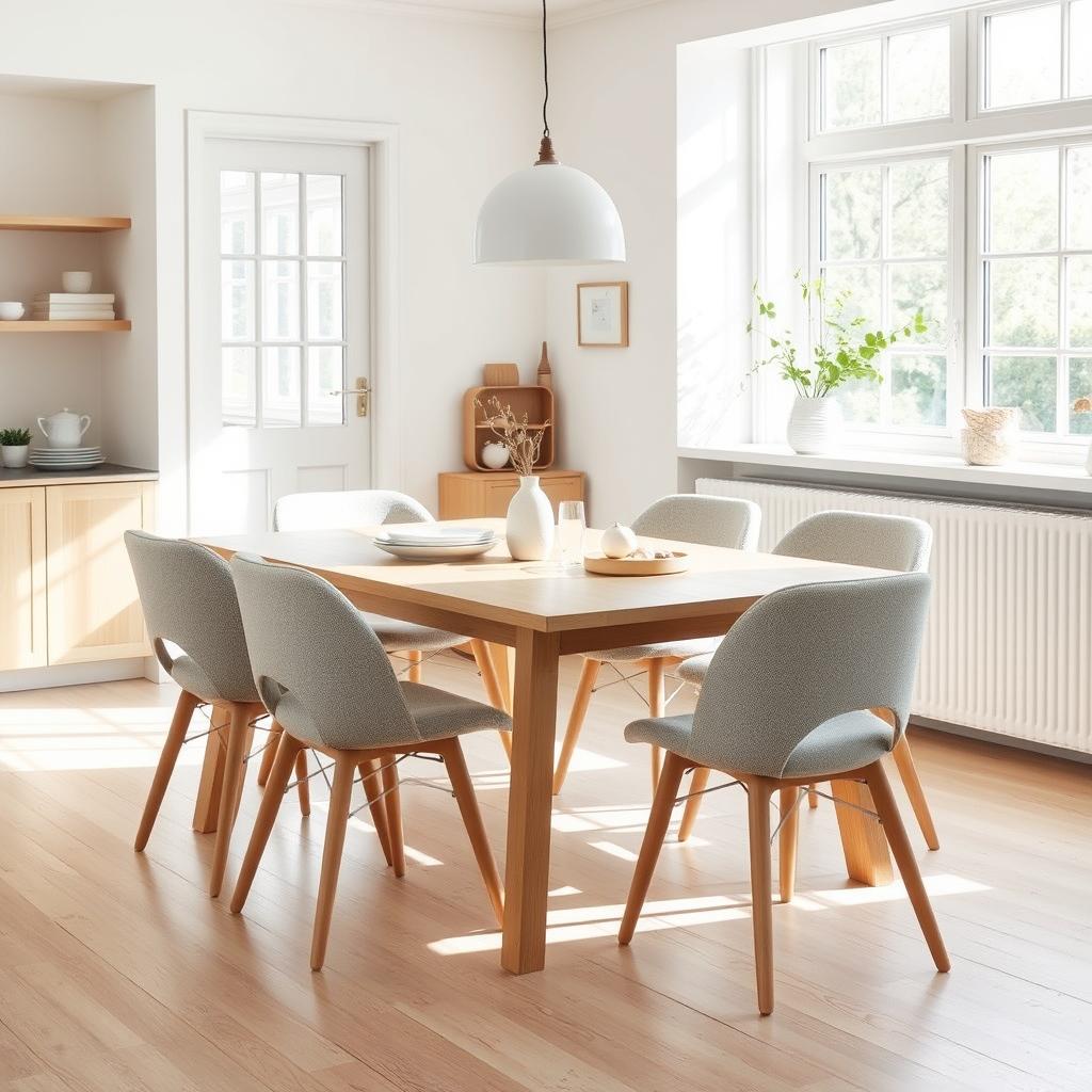 Lichtgrijze stoelen in Scandinavische stijl bij een eikenhouten eettafel Lichtgrijze stoelen in Scandinavische stijl bij een eikenhouten eettafel