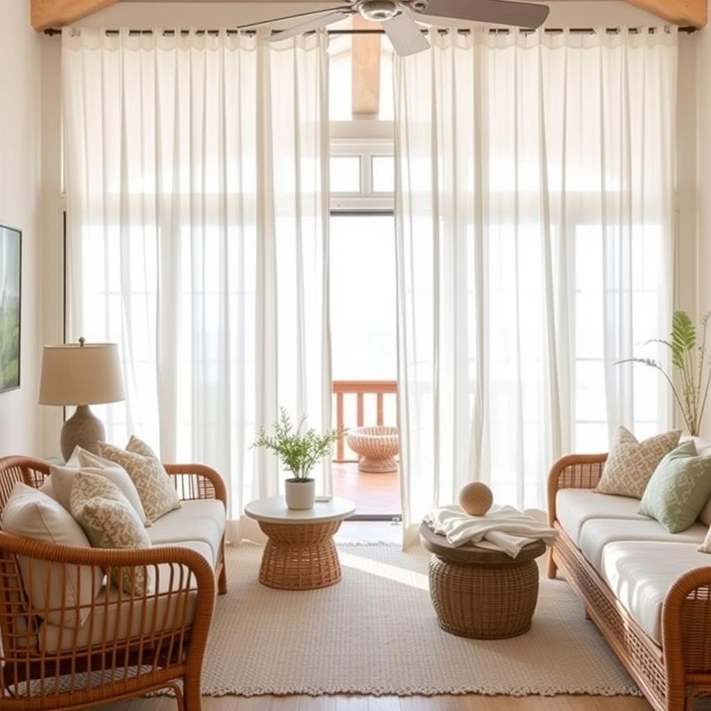 Luchtige gordijnen in een Bohemische Strandhuisstijl woonkamer