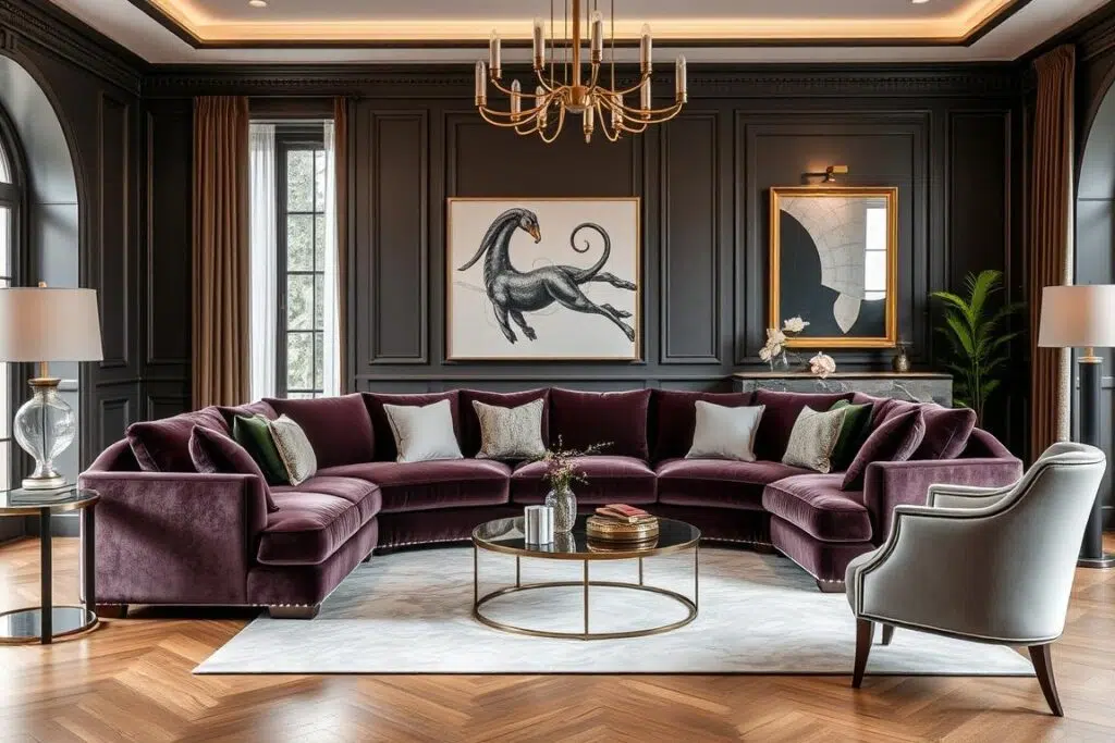 Luxe fluwelen bank als stijlvolle blikvanger in een modern interieur Luxe fluwelen bank als stijlvolle blikvanger in een modern interieur