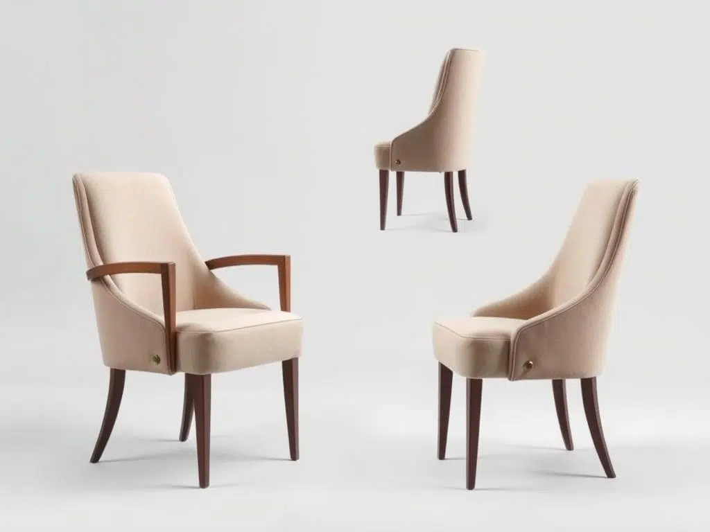 Luxe gestoffeerde eetkamerstoel met ergonomische vorm en armleuningen Luxe gestoffeerde eetkamerstoel met ergonomische vorm en armleuningen