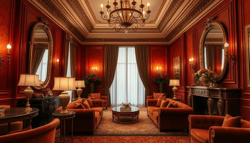 Luxe interieur met roestbruine en gouden elementen die warmte uitstralen Luxe interieur met roestbruine en gouden elementen die warmte uitstralen