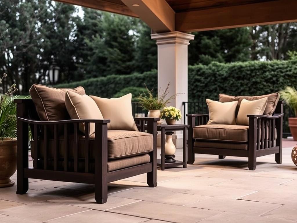 Luxe terrasfauteuils met dikke kussens op een overdekt terras