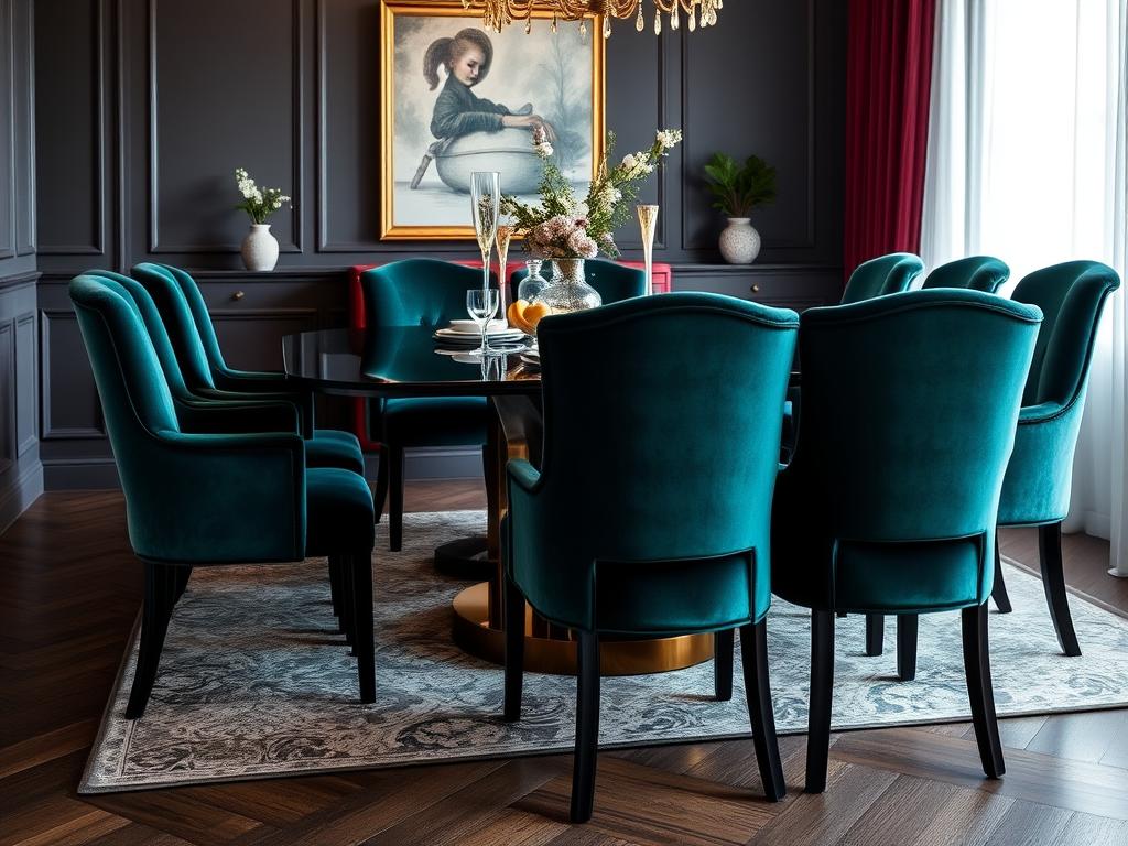 Luxe velvet eetkamerstoelen in rijke kleuren rond een elegante eettafel Luxe velvet eetkamerstoelen in rijke kleuren rond een elegante eettafel