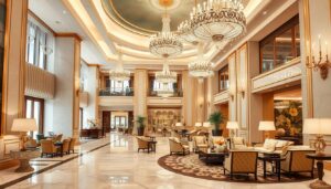 Luxueuze hotellobby met elegante meubels en gouden accenten