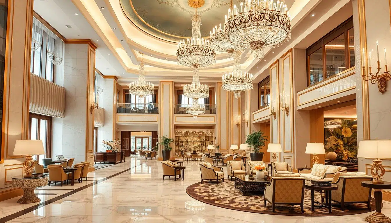 Luxueuze hotellobby met elegante meubels en gouden accenten