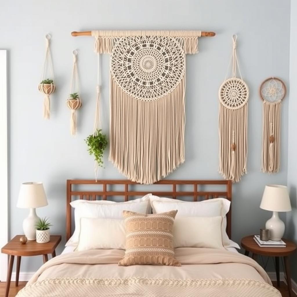 Macramé wanddecoraties in een Bohemische Strandhuisstijl slaapkamer