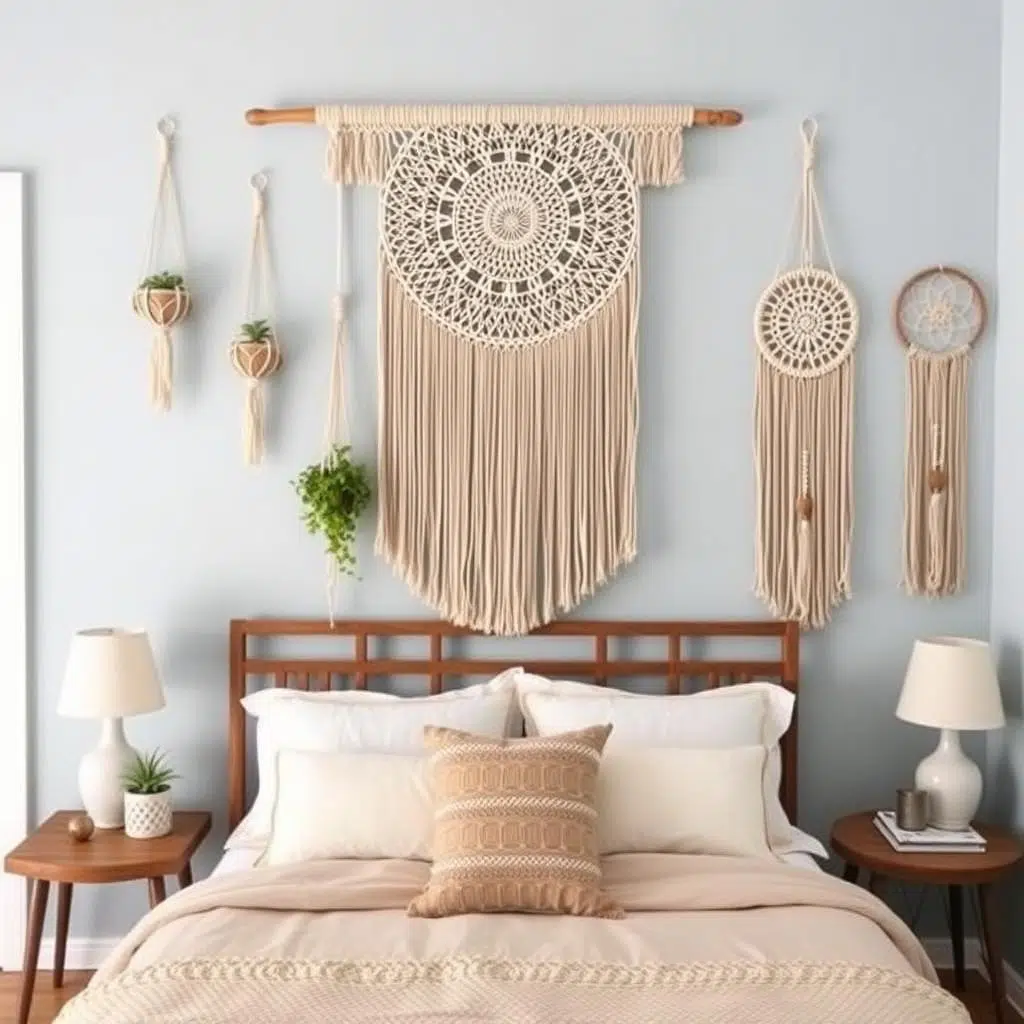 Macramé wanddecoraties in een Bohemische Strandhuisstijl slaapkamer
