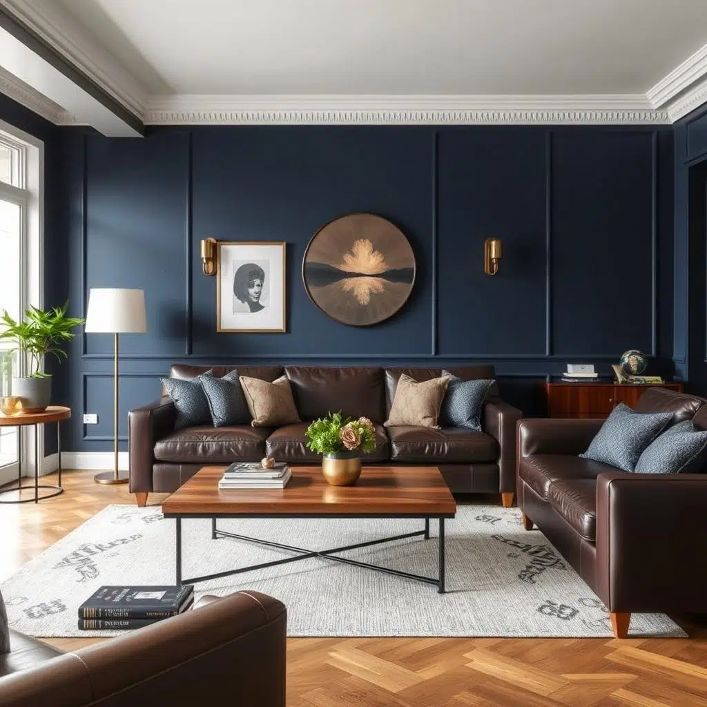 Marineblauw en bruin in een woonkamer Marineblauw en bruin in een woonkamer