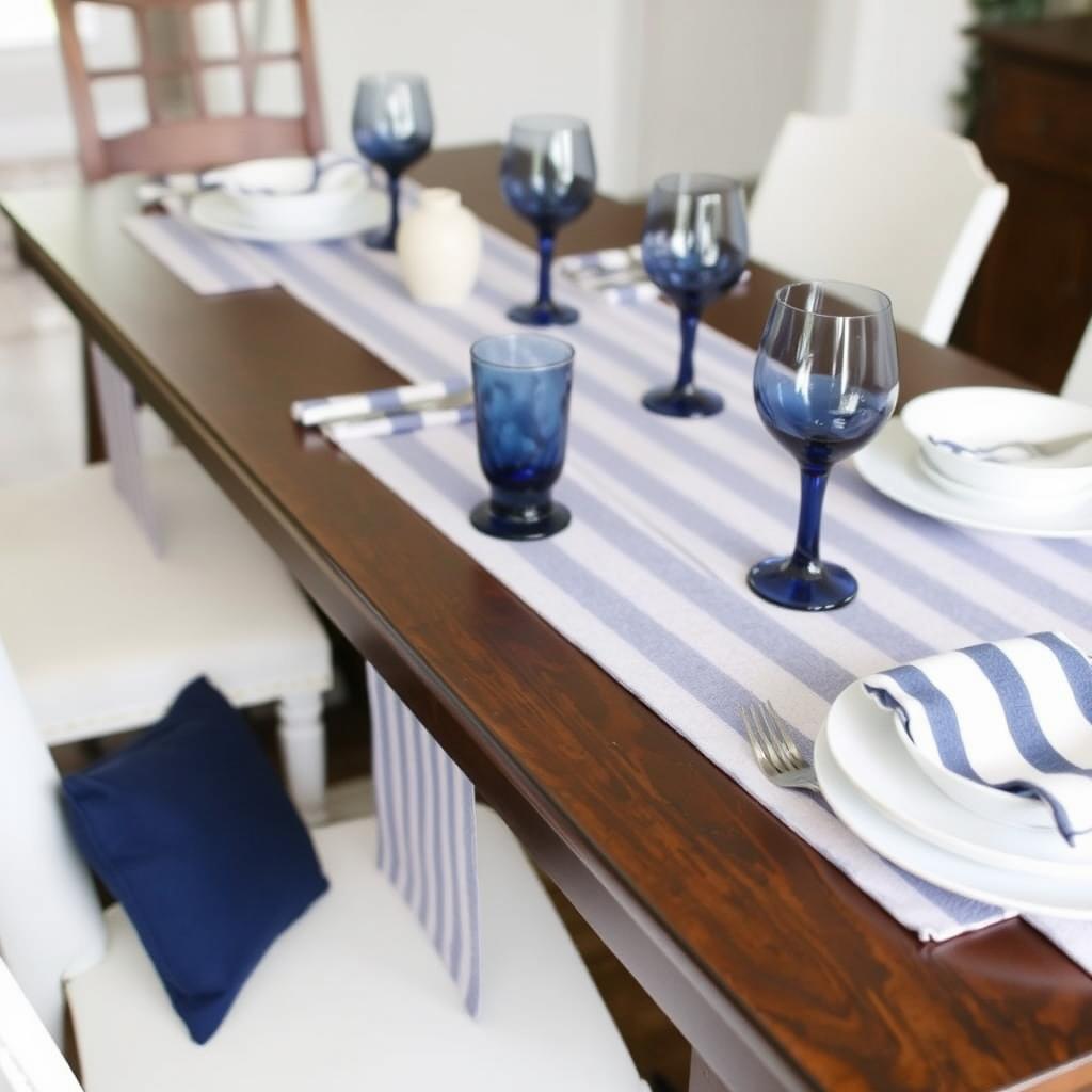 Marineblauw en wit contrast met donkerbruine tafel Marineblauw en wit contrast met donkerbruine tafel