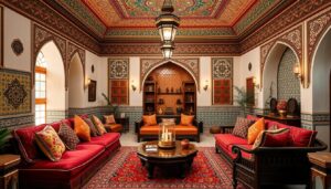 Marokkaanse woonkamer met kleurrijke kussens, geometrische patronen en traditionele lantaarns