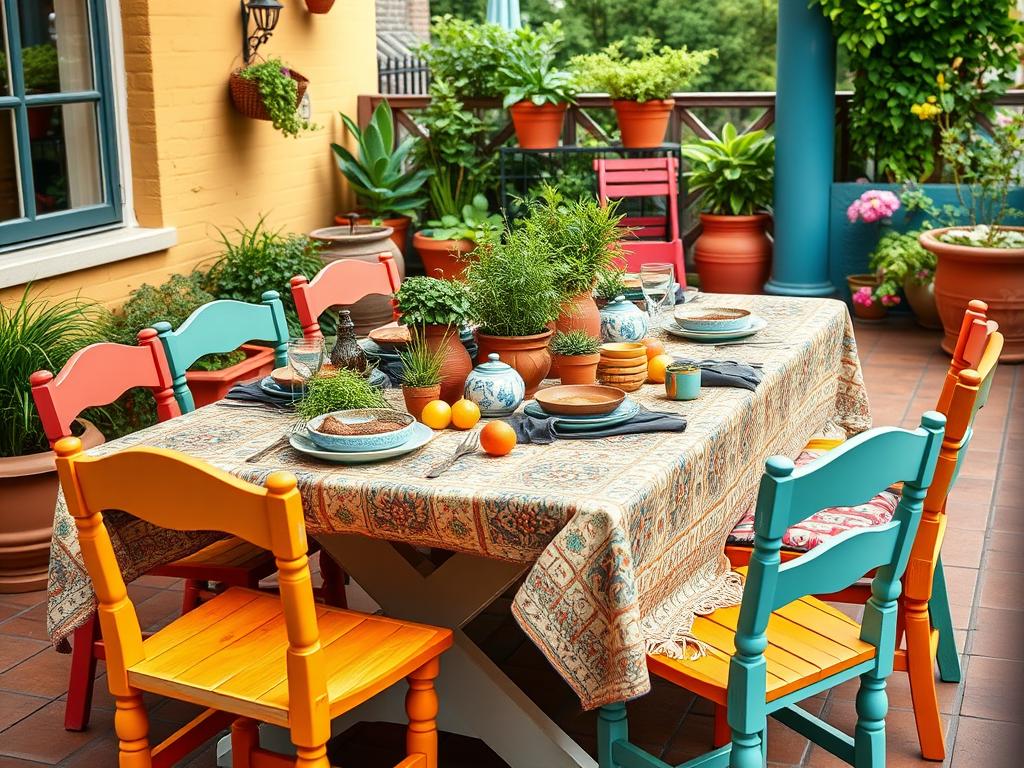 Mediterrane Tuintafel met kleurrijke styling op een Nederlands terras Mediterrane Tuintafel met kleurrijke styling op een Nederlands terras