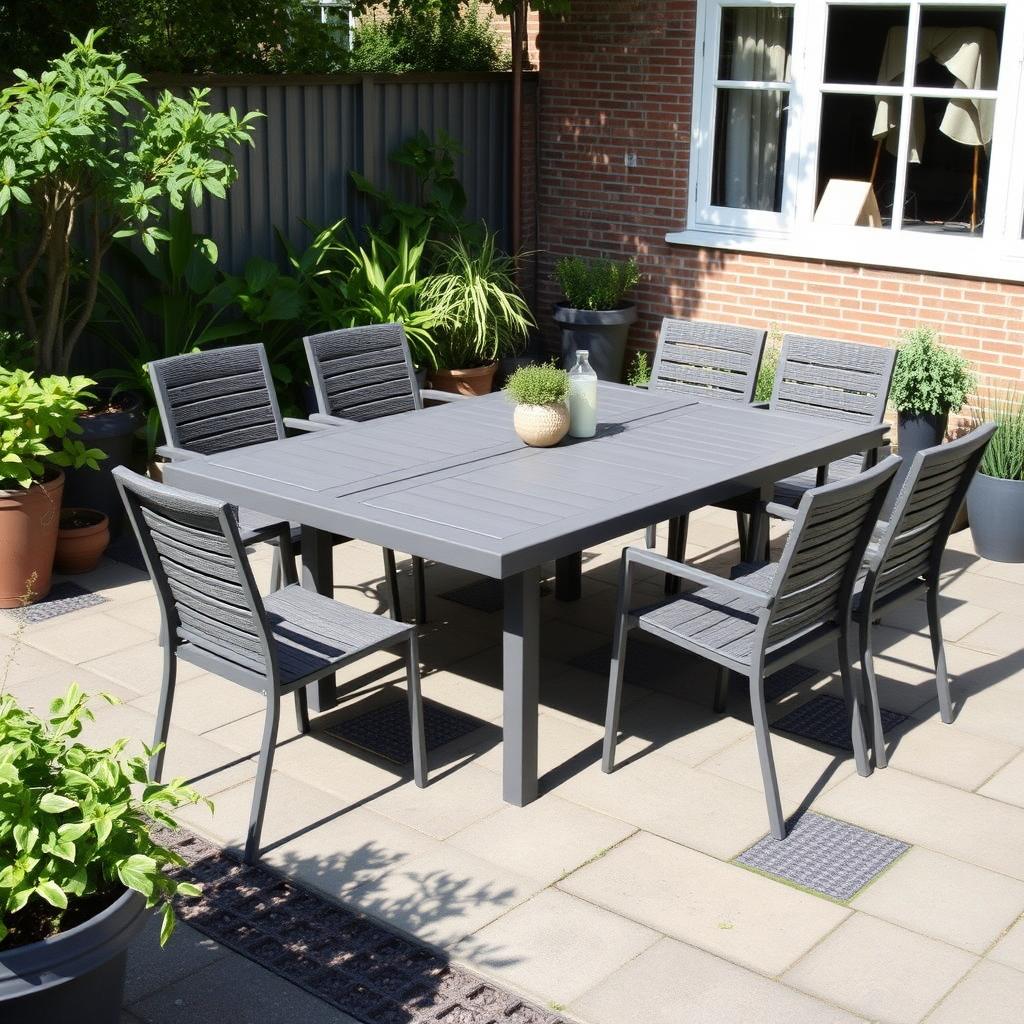 Middelgrote Tuintafel in een Nederlandse stadstuin met zes stoelen Middelgrote Tuintafel in een Nederlandse stadstuin met zes stoelen