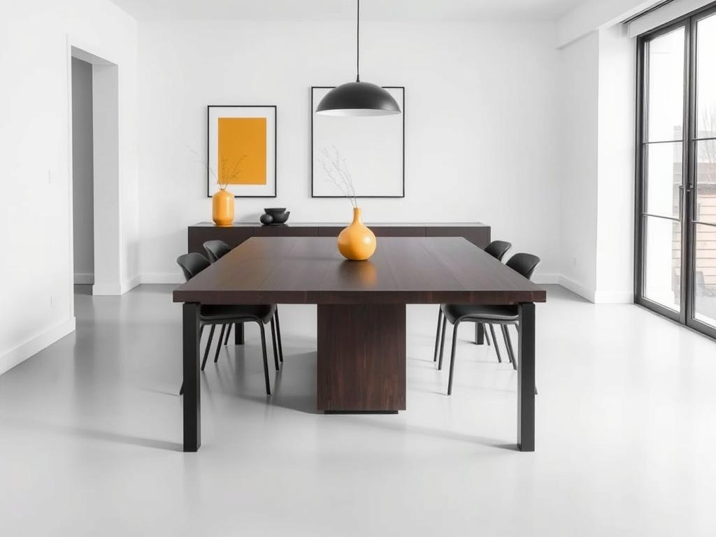 Minimalistisch interieur met donkerbruine tafel en zwart-witte accenten Minimalistisch interieur met donkerbruine tafel en zwart-witte accenten