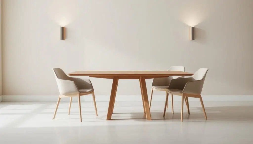 Een houten eettafel met een moderne vorm en vier minimalistische stoelen in een lichte ruimte.