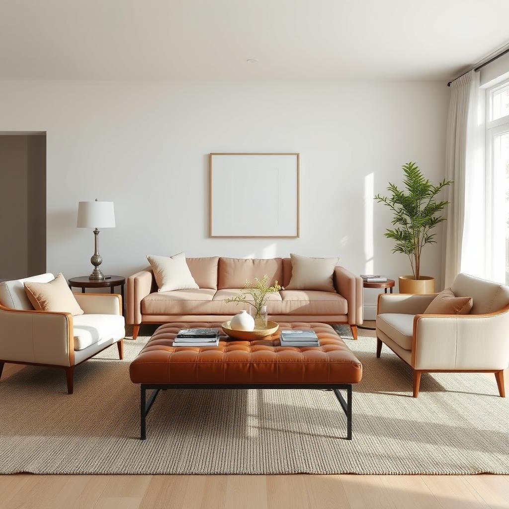 Minimalistische woonkamer met leren poef als centraal element Minimalistische woonkamer met leren poef als centraal element