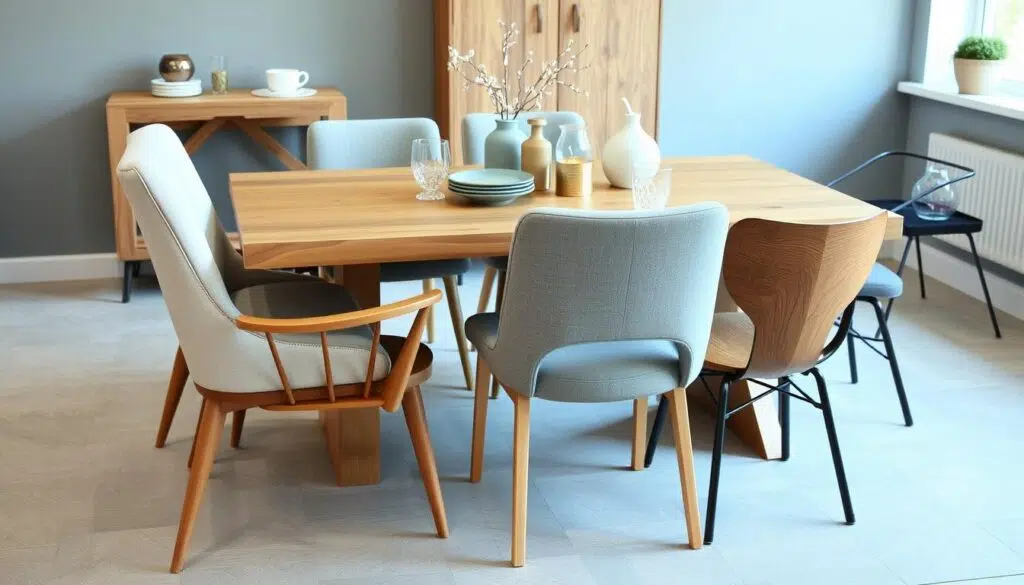 Mix van verschillende eetkamerstoelen bij eikenhouten tafel Mix van verschillende eetkamerstoelen bij eikenhouten tafel