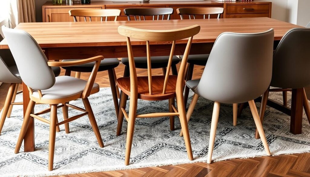 Mix van verschillende eetstoelen rond een houten eettafel Mix van verschillende eetstoelen rond een houten eettafel